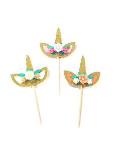 10 pc flowers unicorn horn ear gold glitter cupcake topper birthday baby shower ebay