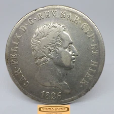 1826-P Italy Sardinia Silver 5 Lire, Mintage of 489,000 Coins - #C36023NQ