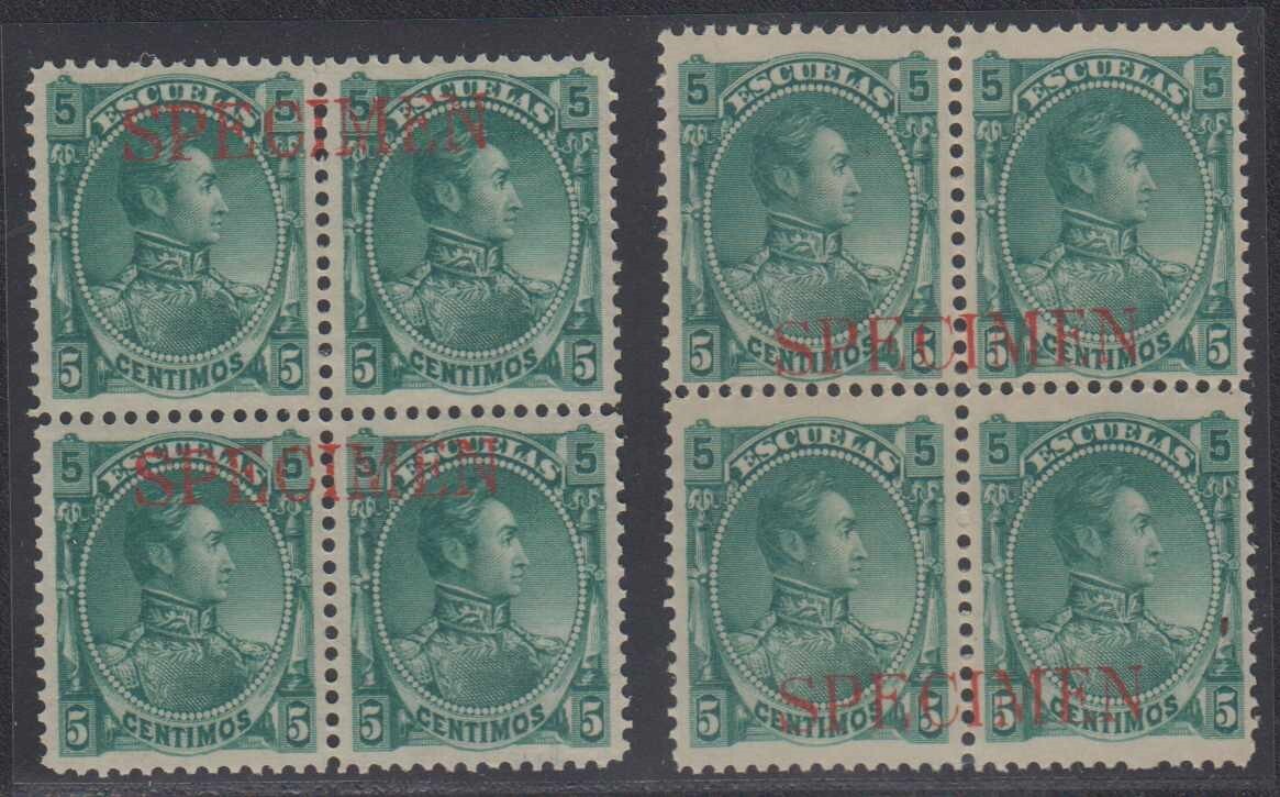 VENEZUELA 1882-88 ESCUELAS BOLIVAR Sc 79 TWO BLOCKSx4 PERF PROOFS + "SPECIMEN"