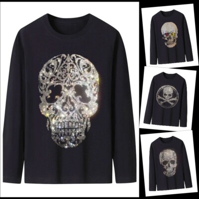 Fashion Skull Rhinestones Diamond Long Sleeve Luxury Men Trend Black T-Shirt