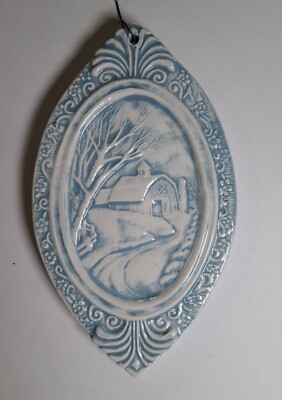 Victorian Blue Winter Scene 2-sided Hand Made/Glazed Ceramic Christmas Ornament