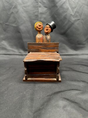 Vintage Kissing ANRI Italian Folk Art Hand Carved Wooden Mechanical Trinket Box