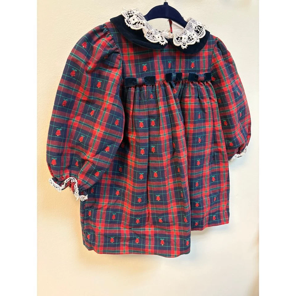 Vestido De Colección a Cuadros con Cuello de Encaje Azul Marino Rojo Por Goodlad 18 Mo Niño Pequeño con Campanas Foto 2 de 4