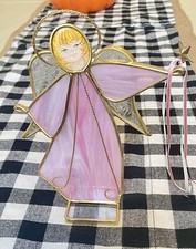 Vintage Stained Glass Standing Angel Figurine/Decor W/hand Painted Face-Pink