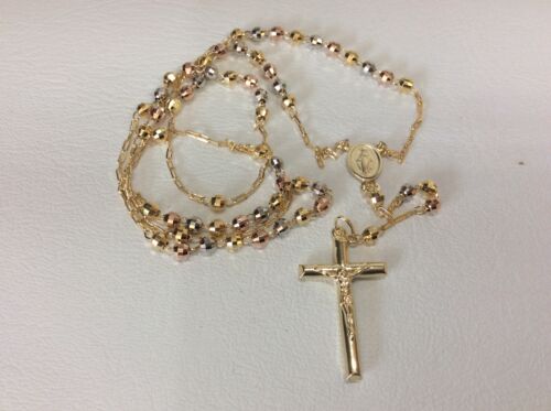  4mm 11.30 Grams-Rosary-Bead-Ball-Mens-Ladie 10k TRI-COLOR Gold-Chain-Necklace   - 第 1/6 張圖片