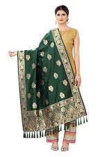 Women's Woven Embellished Banarasi Silk Dupatta Dark Green 