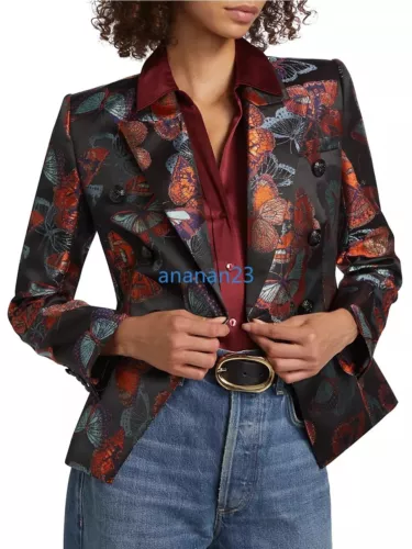 Damen L'AGENCE Jacquard Schmetterling Zweireiher Blazer Jacke Mantel Schwarz Multi - Bild 1 von 16