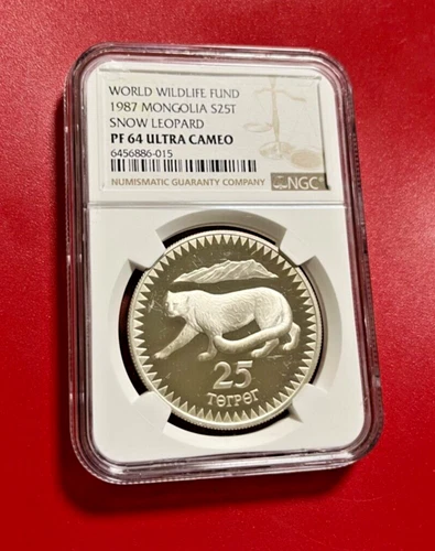 WORLD WILDLIFE FUND 1987 MONGOLIA SILVER S25T SNOW LEOPARD NGC PF 64 ULTRA CAMEO