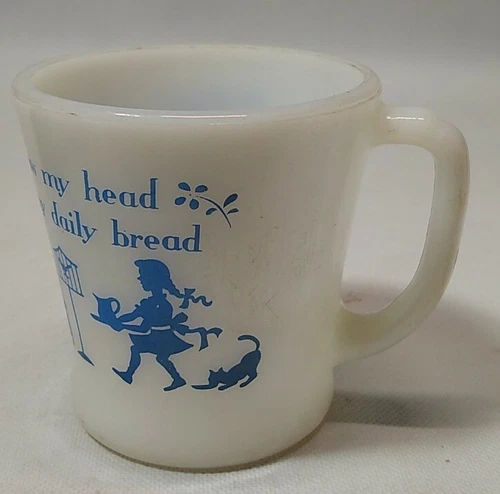 Vintage Fire King Milk Glass Coffee Cup Mug Prayer Thank Thee For Daily Bread