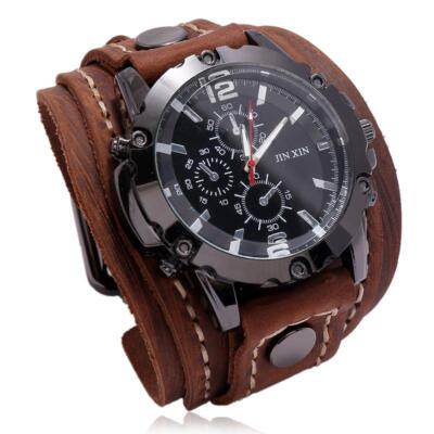 Silver Men's Punk Style Black Wide Leather Watch Three Leather Straps Cuff Wristwatch