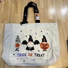 Toil &Trouble Trick Or Treat Gnomes Mummy,Bat,Pumpkin Halloween Canvas Bag 20x16