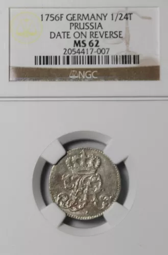 1756 F Germany Prussia Silver 1/24 Thaler NGC Graded Mint State MS-62 UNC