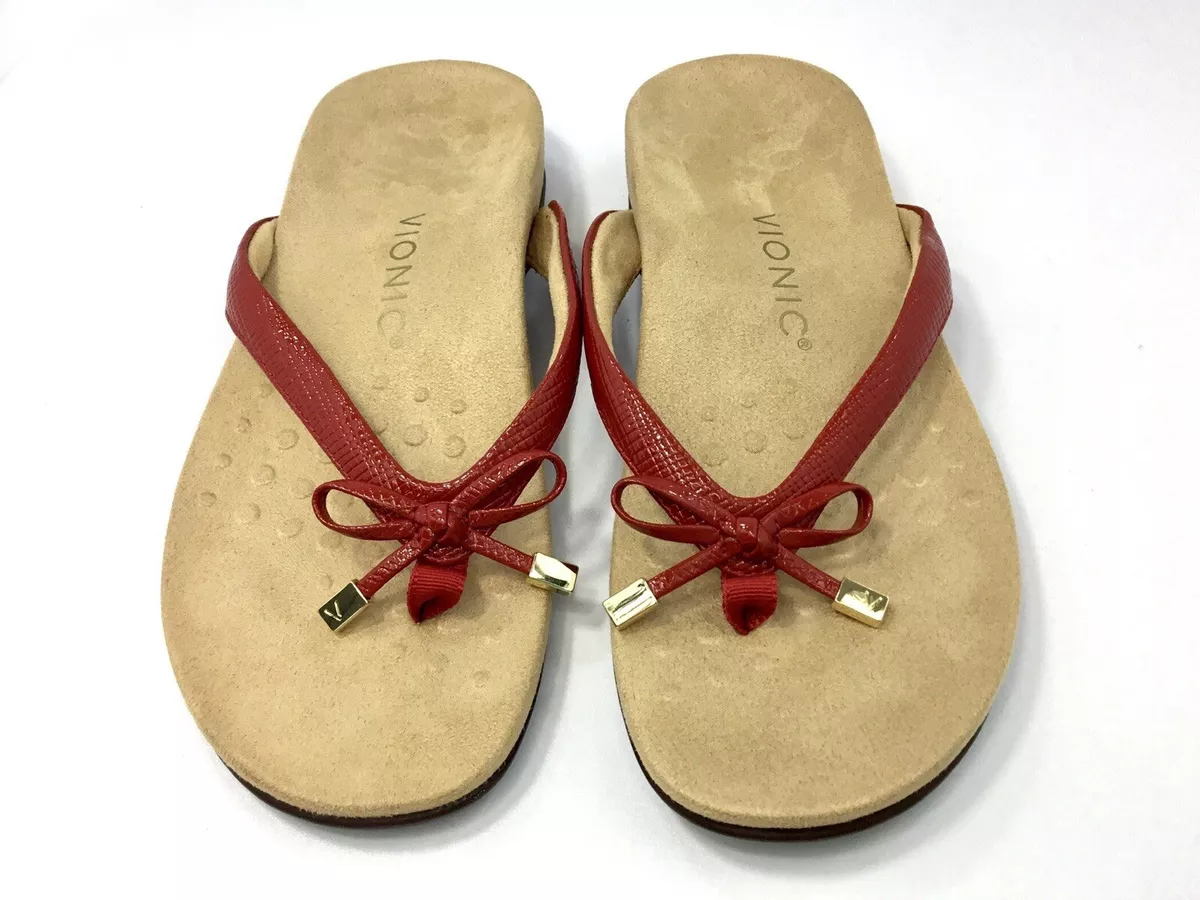 Vionic 7 Bella Sandal Slide Toe Post Comfort Red Faux Patent Thong Flip Flop