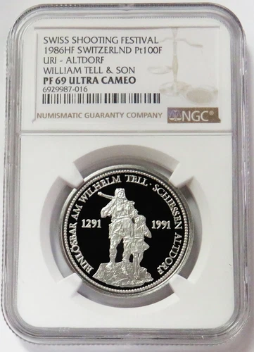 1986 HF PLATINUM SWITZERLAND 1 OZ WILLIAM TELL SHOOTING THALER NGC PROOF 69 UC