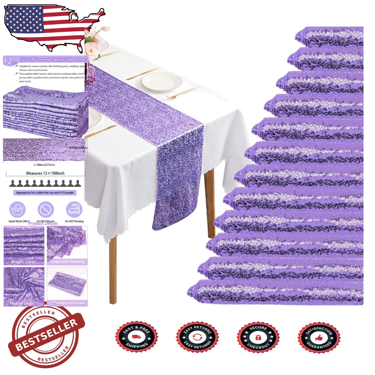 Modern 12-Pack Lavender Sequin Table Runners for Weddings and Celebrations