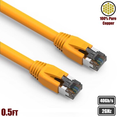 0.5FT CAT8 RJ45 Network LAN Ethernet Patch Cable S/FTP 2GHz 40Gbps Copper Yellow