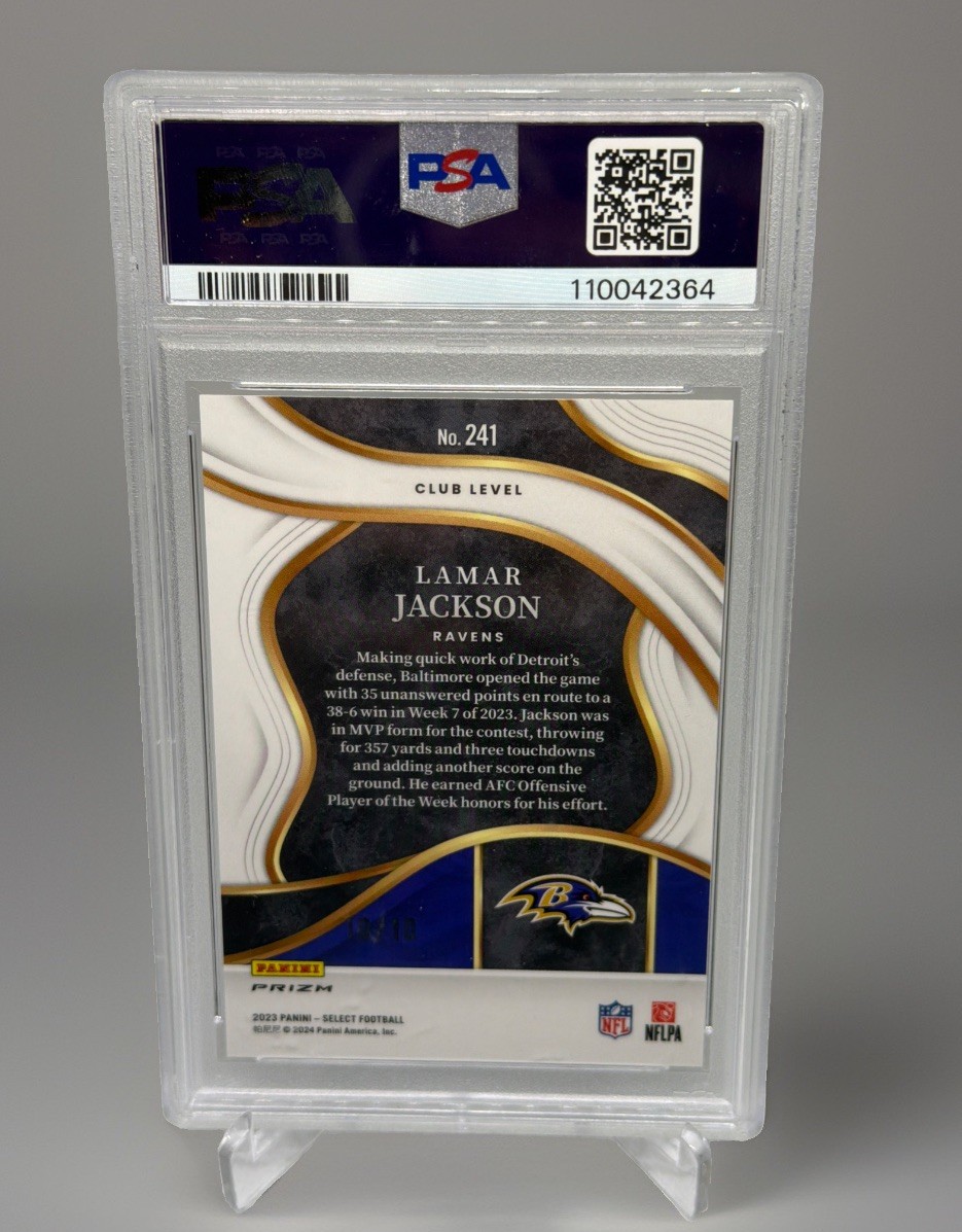 PSA 10 Lamar Jackson /10 Gold Prizm 2023 Panini Select Card Club Level #241 view 2