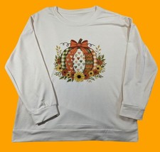 Women's Large L/S Fall Pumpkin Graphic Crewneck Ivory Sweatshirt w/Floral Design