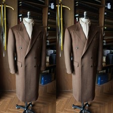 Brown Wool Men's Long Overcoat Peak Lapel Formal Business Winter Men Long Jacket