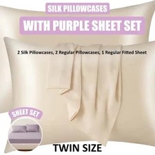 KASENTEX Silk Pillowcase with Purple Twin Sheet Set
