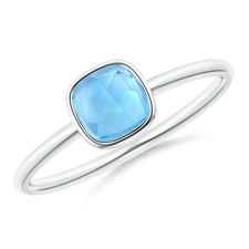 5mm Cushion Shape Aquamarine Solitaire Ring 925 Sterling Silver Bezel Set Ring