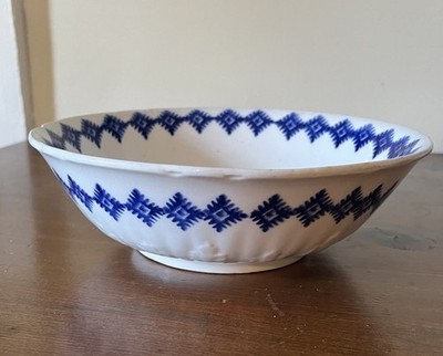 Antique Stick Spatterware Serving Bowl. W.M.CO Blue Diamond Point Pattern 