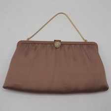 Vintage HL USA Satin Evening Clutch Bag Rhinestone Strawberry Clasp Mauve Taupe