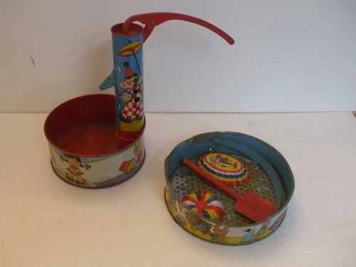 Vintage Tin Litho Toys Ohio Art Jack & Jill Water Pump & J. Chein Sand Sifter