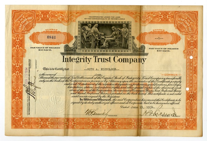 PA. Integrity Trust Co., 1934. 1 Shr I/U Stock Cert. Fine-VF. ABNC.