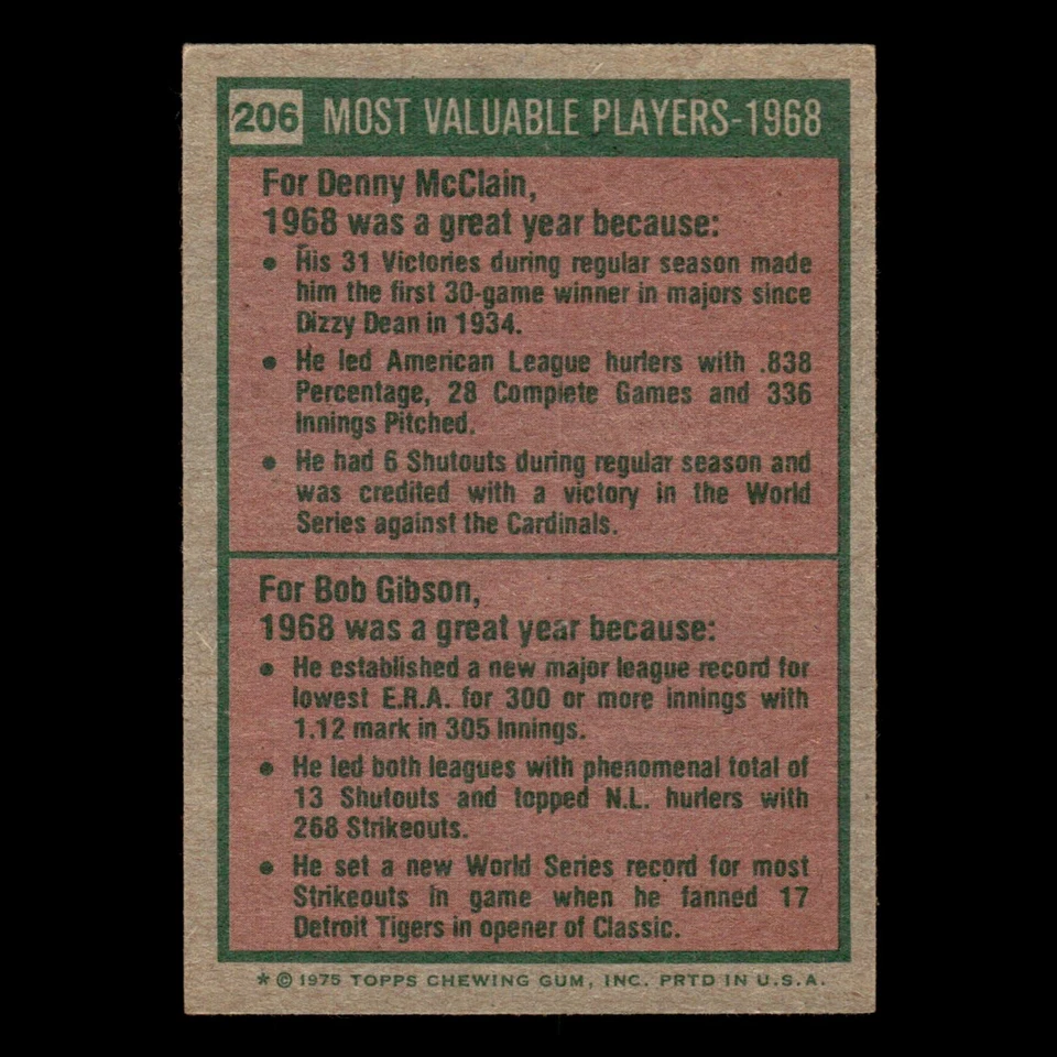 Denny McLain/Bob Gibson #206 1975 Topps Detroit Tigers/St. Louis Cardinals Card - Image 2 of 3