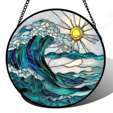 Stained Glass Window Hanging Blue Green Waves Suncatcher for Door Terrace Ga...