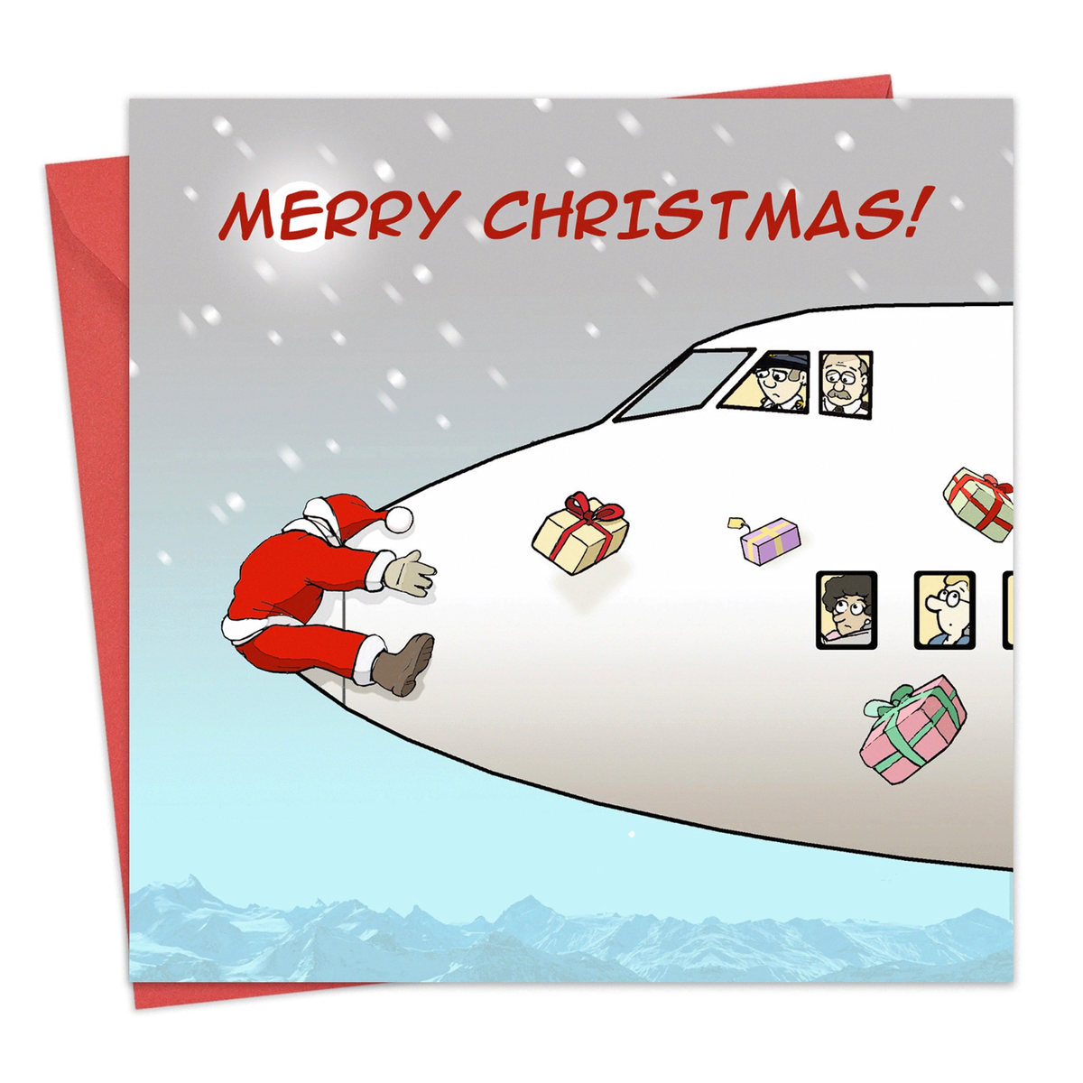 Merry Christmas Card - Santa, Plane & Presents - Xmas Card –Funny