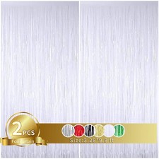 2Pcs White Metallic Tinsel Foil Fringe CurtainsWhite Photo Booth Backdrop Str...