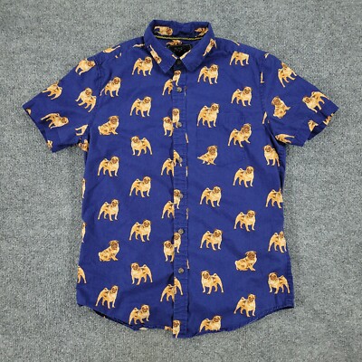 21 MEN Button Shirt Men's XS Blue Pug Dog AOP Collared Short