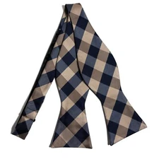 100% Silk Navy Blue & Beige Plaid Bow Tie (Handmade)