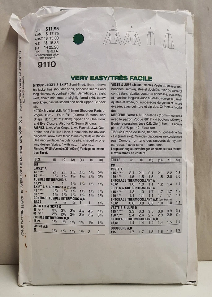 Vintage Very Easy Very Vogue Pattern 9110 c1996 Cut Sz 16 Misses Jacket & Skirt  - Image 2 of 4