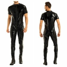 Men's Wet Look Faux Leather Zipper Crotch Full Bodysuit Catsuit Zentai Clubwear