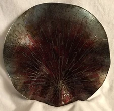 Beautiful Large 16 Inch Diameter Wavy Glass Plate Decorative Red Olive Gold