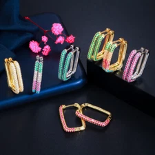 Rainbow Multicolor Pave CZ Women Huggie Hoop Earrings Geometric Fashion Jewelry