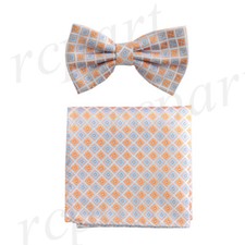 New Men micro fiber Pre-tied Bow tie  hankie Orange beige checkers formal prom