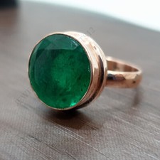 Round Emerald Ring, Sterling Silver Rose Gold May Birthstone Gemstone Ring