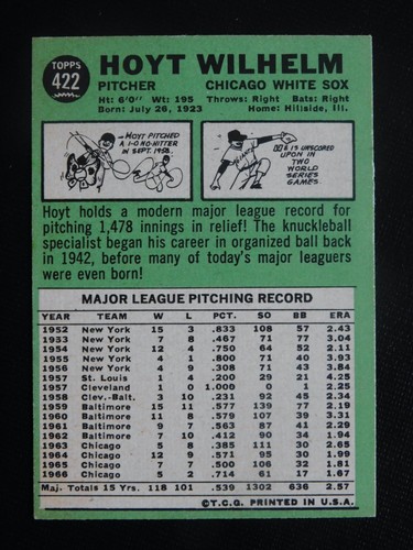 Tarjeta de béisbol 1967 Topps #422 Hoyt Wilhelm (nuevo) - Imagen 2 de 2