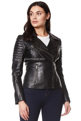 Damen Echt Leder Jacke Schwarz Stylisch Mode Designer Weich Biker Style 9334