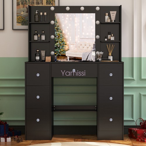 Black Dressing Vanity Table Makeup Desk with 10 LED Mirror 7 Drawers Modern UK - Picture 4 of 18