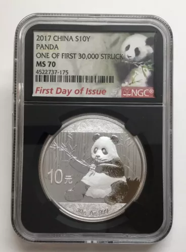 2017 China 10Y Silver Panda NGC MS70 First Day Of Issue Black Label, 30g