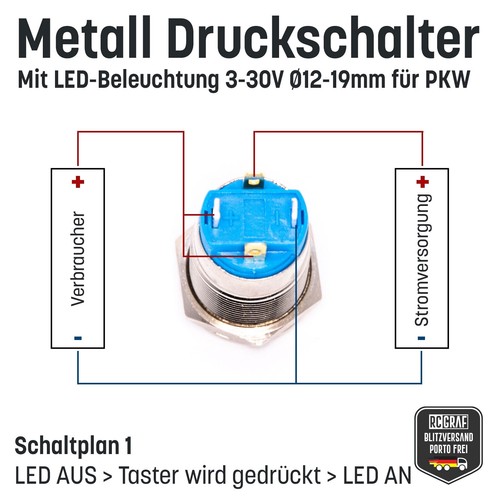 Metall Druckschalter Drucktaster KFZ LED beleuchtet 5-220V Ø 12 16 19 22 mm - Bild 9 von 59