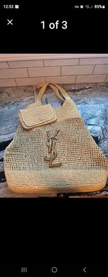 Saint Laurent Large Beige Raffia Woven Tote YSL Logo Coin Purse Magnetic