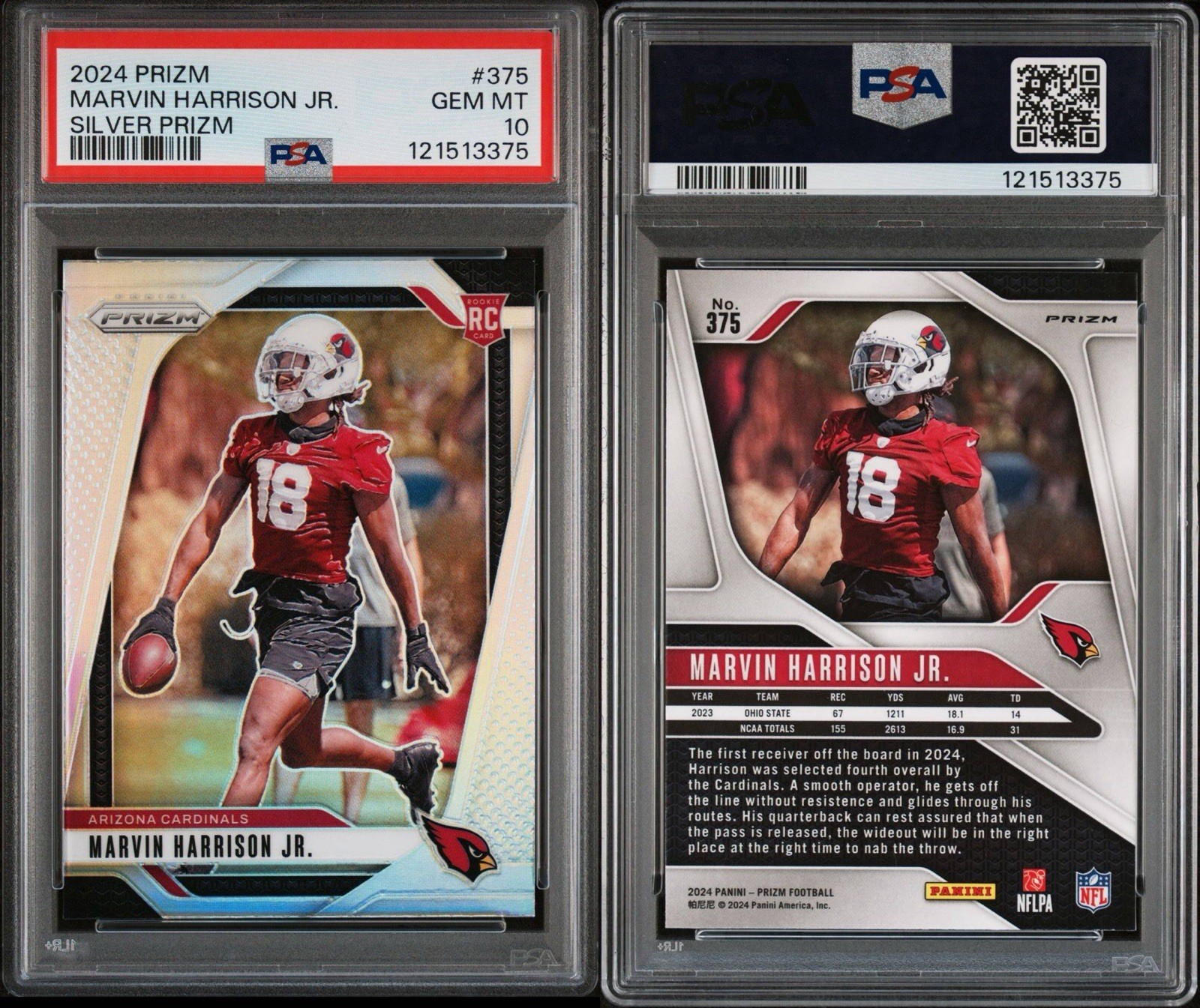 2024 Panini Prizm Rookies Marvin Harrison Jr. #375 Silver Prizm (RC) PSA 10 view 3