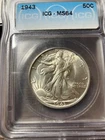 1943-P 50C WALKING LIBERTY HALF, ICG MS-64, WELL STRUCK, SATINY LUSTER