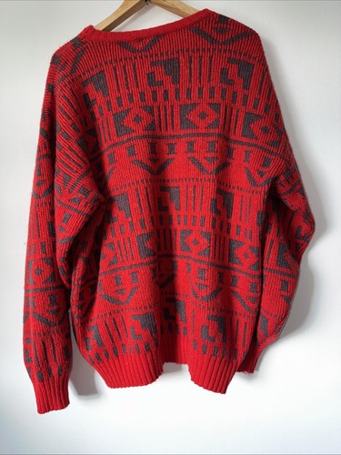 Vintage Clipper Knitwear 100% Wool Scandinavian Geometric Design Sweater XL Red - Picture 9 of 12